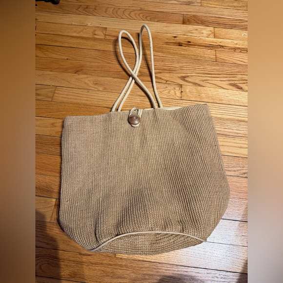 World Market Handbags - World Market Ratan Tan Woven Tote straw beach bag rope handles wooden button